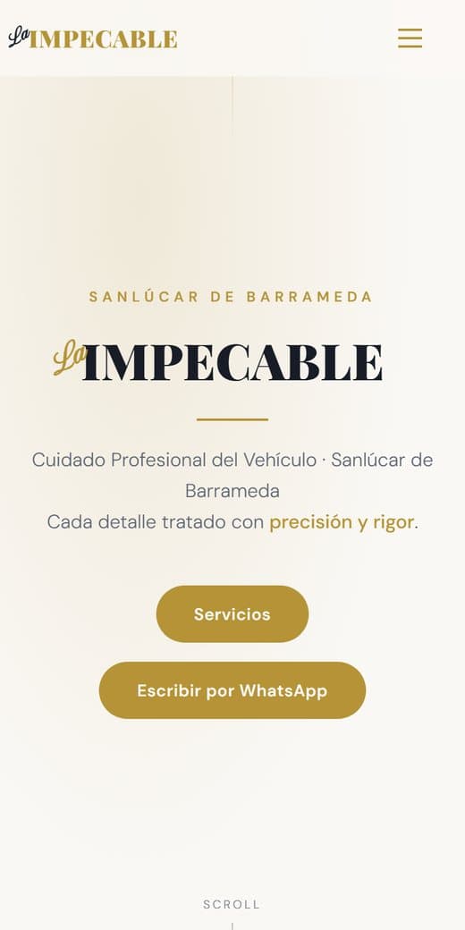 Web pública de La Impecable en el móvil, con sus botones de servicios y de WhatsApp