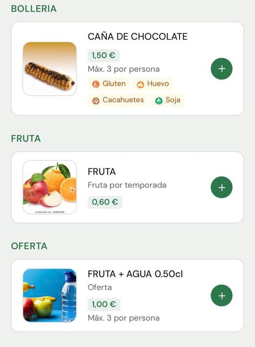 Carta de la Cafetería IES Picacho en el móvil: bollería y fruta, con foto, precio y alérgenos de cada producto